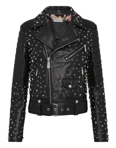 Philipp Plein Leather Biker Oversize Stars Studs In Black