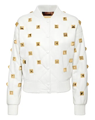 Philipp Plein Leather Bomber Matelassè Studs In White