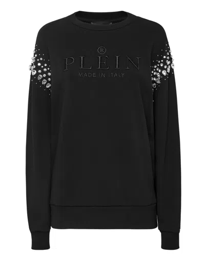 Philipp Plein Crystal Iconic Cotton Sweatshirt In Black