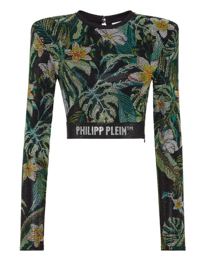 Philipp Plein Shoulder Pad Cropped Top Ls Hawaii In Green