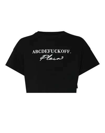 Philipp Plein Crop T-shirt Round Neck Ss Signature In Black