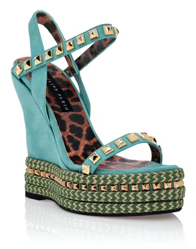 Philipp Plein Studded Wedge Sandals In Blue