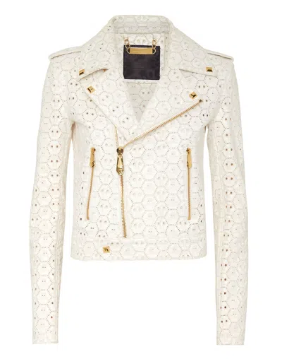 Philipp Plein Sangallo Leather Biker Jacket In White