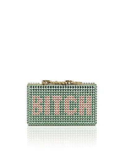 Philipp Plein Gem-slogan Clutch Bag In Green