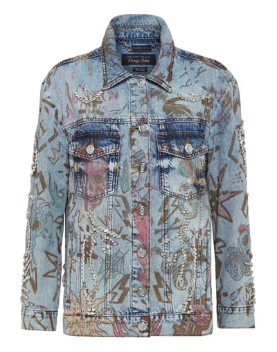 Philipp Plein Monogram Tattoo-print Oversize Denim Jacket In Blue