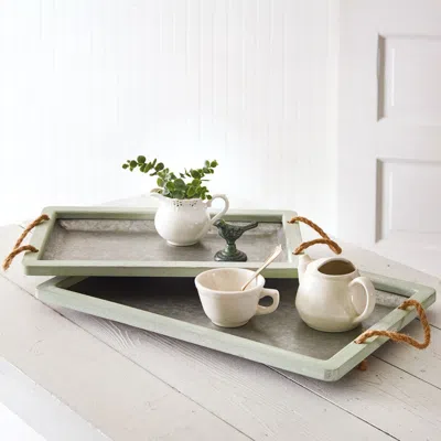 Actifo Set Of Two Jade Galvanized Trays With Rope Handles
