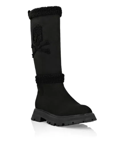 Philipp Plein Mid-flat Boots Skull & Bones In Black
