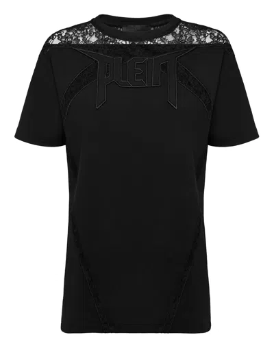 Philipp Plein Lace Insert Round Neck T-shirt In Black