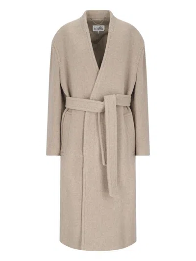Mm6 Maison Margiela Belted Long Length Jacket With Back Seam In Beige