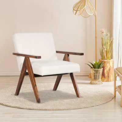 Hivvago Modern Accent Chair Linen Fabric Armchair With Solid Acacia Wood Frame-beige