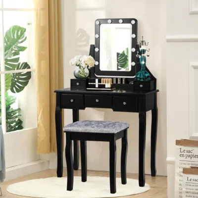 Hivvago Vanity Dressing Table Set With 10 Dimmable Bulbs And Cushioned Stool-black