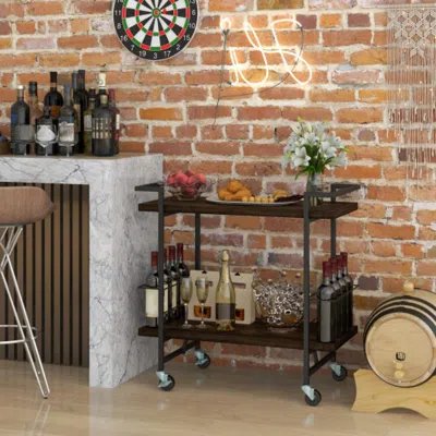 HIVVAGO 2-TIER HOME BAR CART WITH LOCKABLE WHEELS AND HEAVY-DUTY METAL FRAME-RUSTIC BROWN 