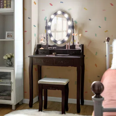 Hivvago Makeup Dressing Table With Touch Switch Lighted Mirror And Cushioned Stool-brown