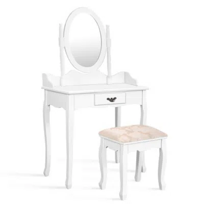 Hivvago Wooden Vanity Makeup Set With Cushioned Stool And Oval Rotating Mirror