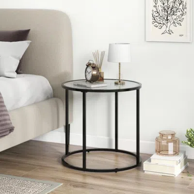 Hivvago 20 Inch Glass End Table With Metal Frame And Faux Marble Glass Top-black And White
