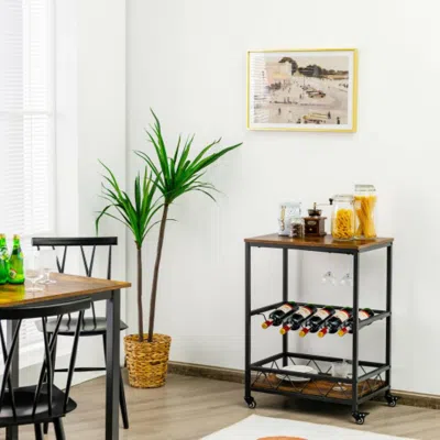 Hivvago Kitchen Bar Cart Serving Trolley On Wheels With Wine Rack Glass Holder-rustic Brown