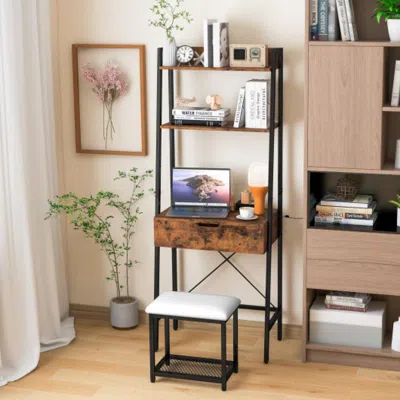 Hivvago Ladder Vanity Desk Set With Flip Top Mirror And Cushioned Stool-black