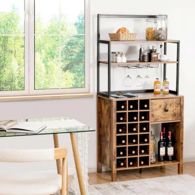 Hivvago Kitchen Bakers Rack Freestanding Wine Rack Table With Glass Holder And Drawer-rustic Brown