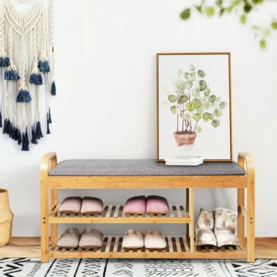Hivvago 3-tier Bamboo Shoe Rack Bench With Cushion-natural