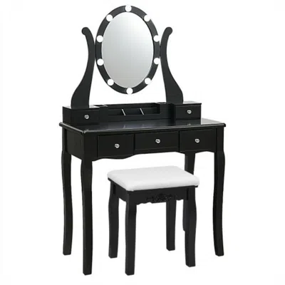 HIVVAGO 10 DIMMABLE LIGHTS VANITY TABLE SET WITH LIGHTED MIRROR AND CUSHIONED STOOL-BLACK 