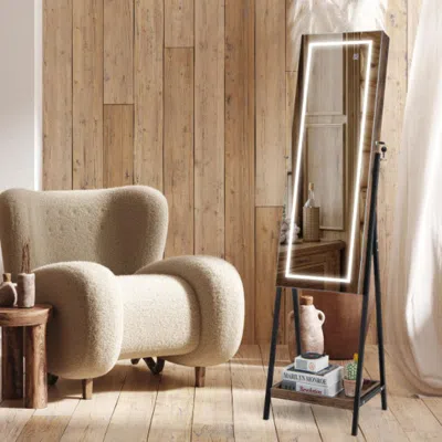 Hivvago Led Standing Jewelry Mirror Cabinet With 3-color Lighted Full-length Mirror-rustic Brown