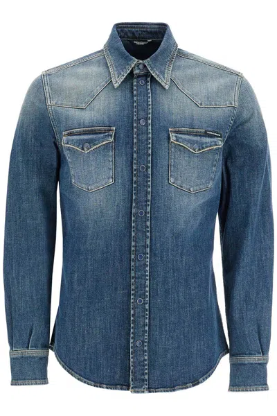 Shop Dolce & Gabbana Denim Stretch Shirt For Men In Blue