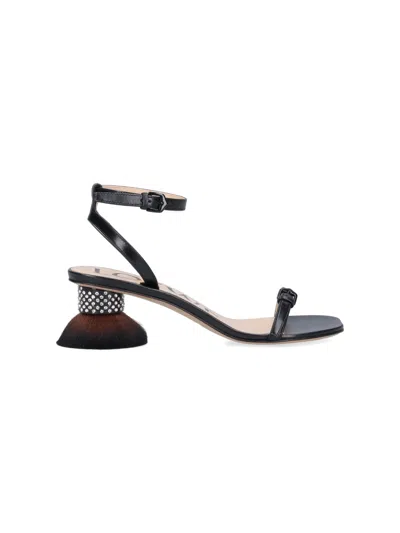 Loewe Petal Brush Crystal-embellished Leather Sandals In Black