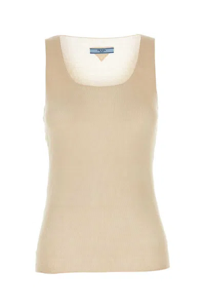 Prada Ribbed Cotton Tank Top Square Neckline In Beige O Tan