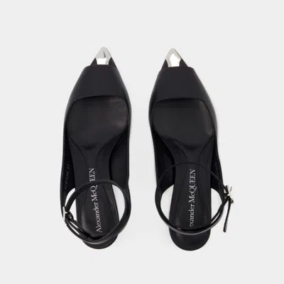 Alexander Mcqueen Black Leather Sandals With Kitten Heel In Black