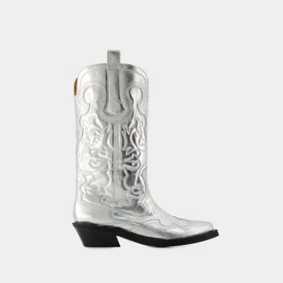 Ganni Recycled Metallic Embroidered Western Boots In Silver