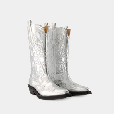 Ganni Recycled Metallic Embroidered Western Boots In Silver