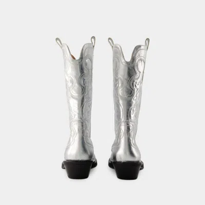 Ganni Recycled Metallic Embroidered Western Boots In Silver