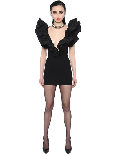 Saint Laurent Ruffled Silk-faille And Wool-crepe Mini Dress In Black