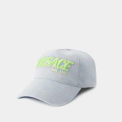 Versace Logo Denim Baseball Cap In Blue