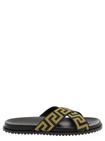 Versace Logo-print Open-toe Slides In Black