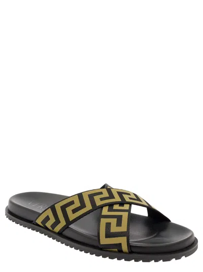 Versace Logo-print Open-toe Slides In Black