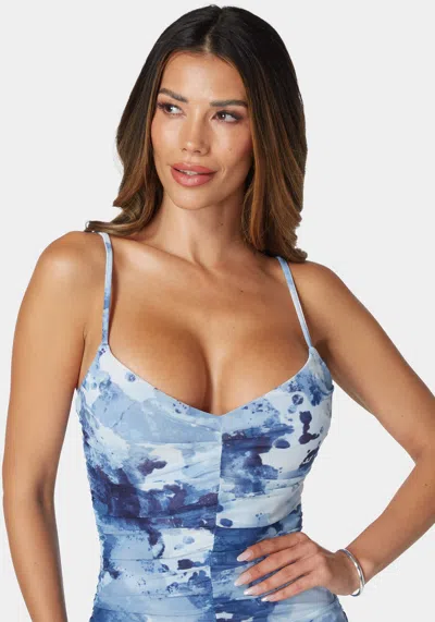 Bebe Center Ruched Mini Mesh Dress In Blue,multi