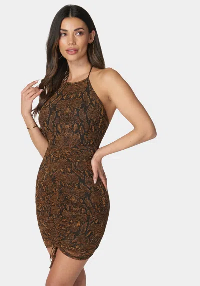 Bebe Center Ruched Mesh Drawstring Dress In Snake