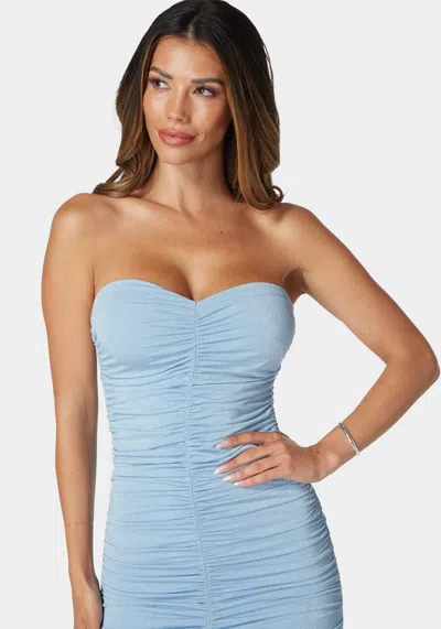 Bebe Strapless Ruched Sparkle Mesh Dress In Forget-me-not