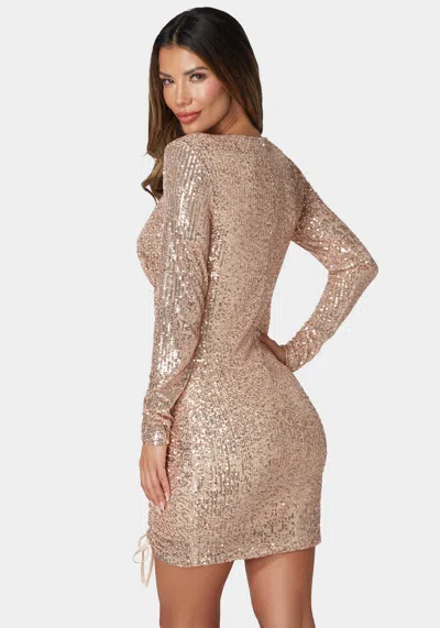 Bebe Ruched Sequin Mini Dress In Hazelnut,silver