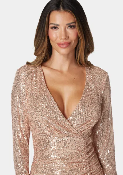 Bebe Ruched Sequin Mini Dress In Hazelnut,silver