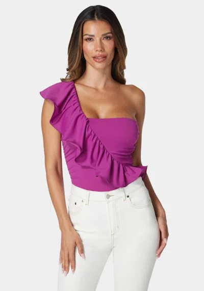 Bebe One Shoulder Ruffle Knit Bodysuit In Dahlia