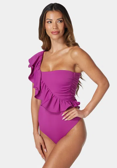 Bebe One Shoulder Ruffle Knit Bodysuit In Dahlia