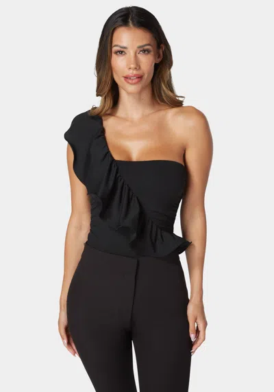 Bebe One Shoulder Ruffle Knit Bodysuit In Black