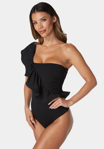 Bebe One Shoulder Ruffle Knit Bodysuit In Black