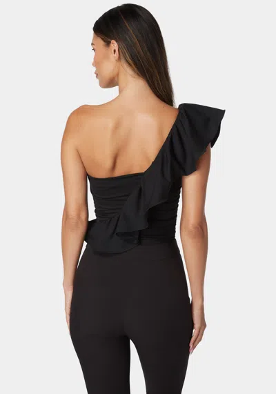 Bebe One Shoulder Ruffle Knit Bodysuit In Black