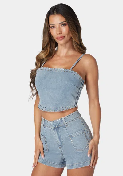 Bebe Twist Back Studded Denim Top In Light Blue Wash