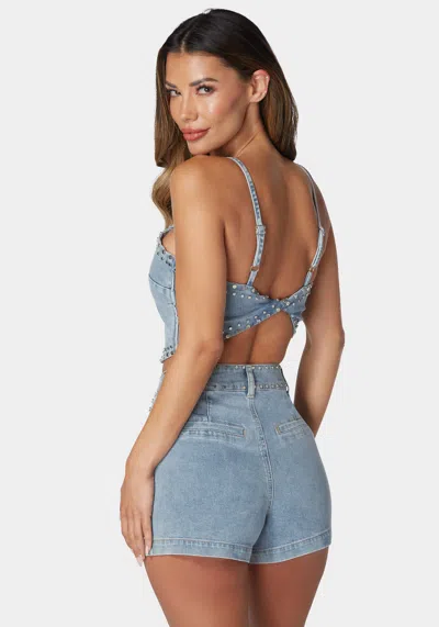 Bebe Twist Back Studded Denim Top In Light Blue Wash