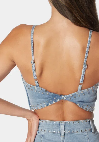 Bebe Twist Back Studded Denim Top In Light Blue Wash