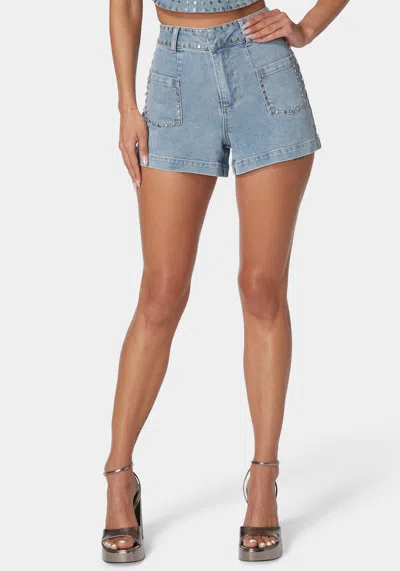 Bebe Studded Detail Denim Shorts In Light Blue Wash